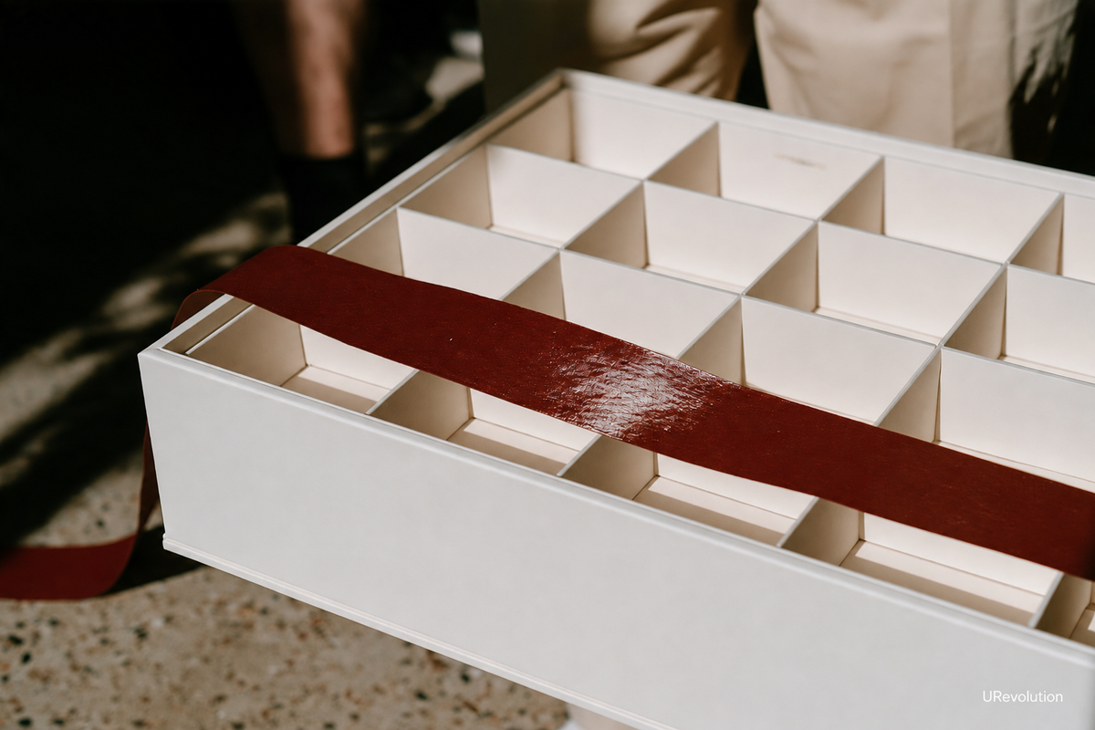 A burgundy ribbon crosses the empty white compartments of an archival drawer and trails over its edge.
