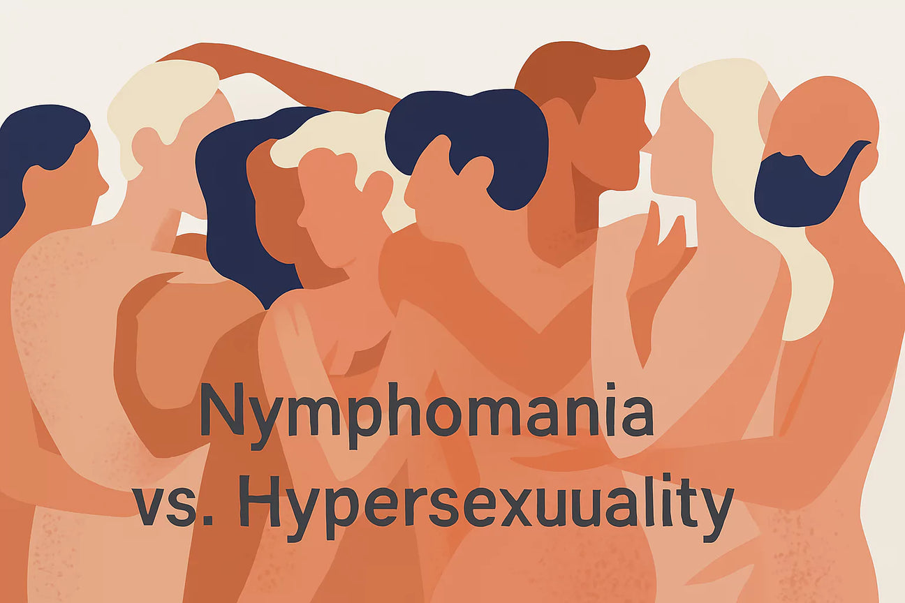 Abstract illustration of diverse nude figures embracing, representing nymphomania, hypersexuality, and sexual behavior across genders.