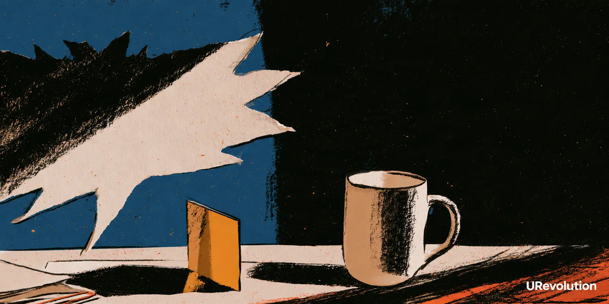 Jagged white speech bubble, a small yellow divider and a white mug in a textured blue-and-black illustration.