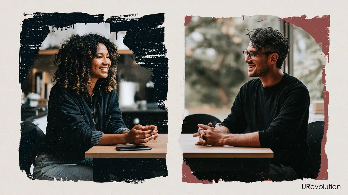 Two adults sitting across a table with a phone set aside, framed by navy and burgundy print textures.