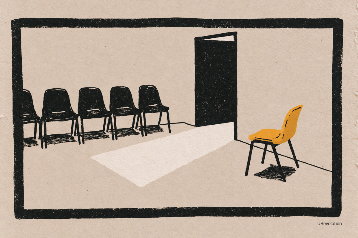 Ink illustration of a row of dark chairs and a yellow chair set apart beside an open doorway, leaving a clear passage.