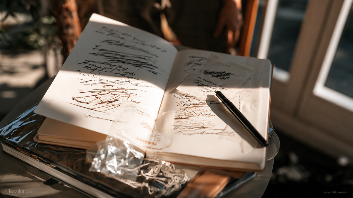 Open notebook with crossed-out handwritten lines and a black pen, illustrating poems about anxiety and overthinking.