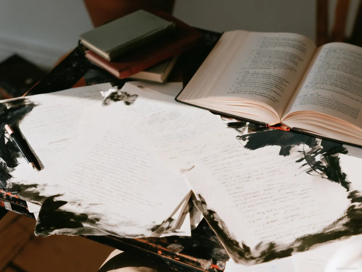 Open book and handwritten pages scattered across a dark worktable.