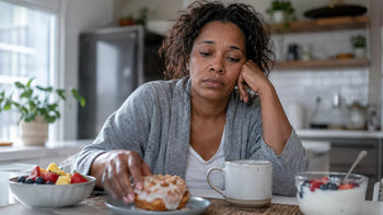 Tired Black woman in a kitchen reaching for a pastry after poor sleep, with coffee, fruit, and yogurt nearby.