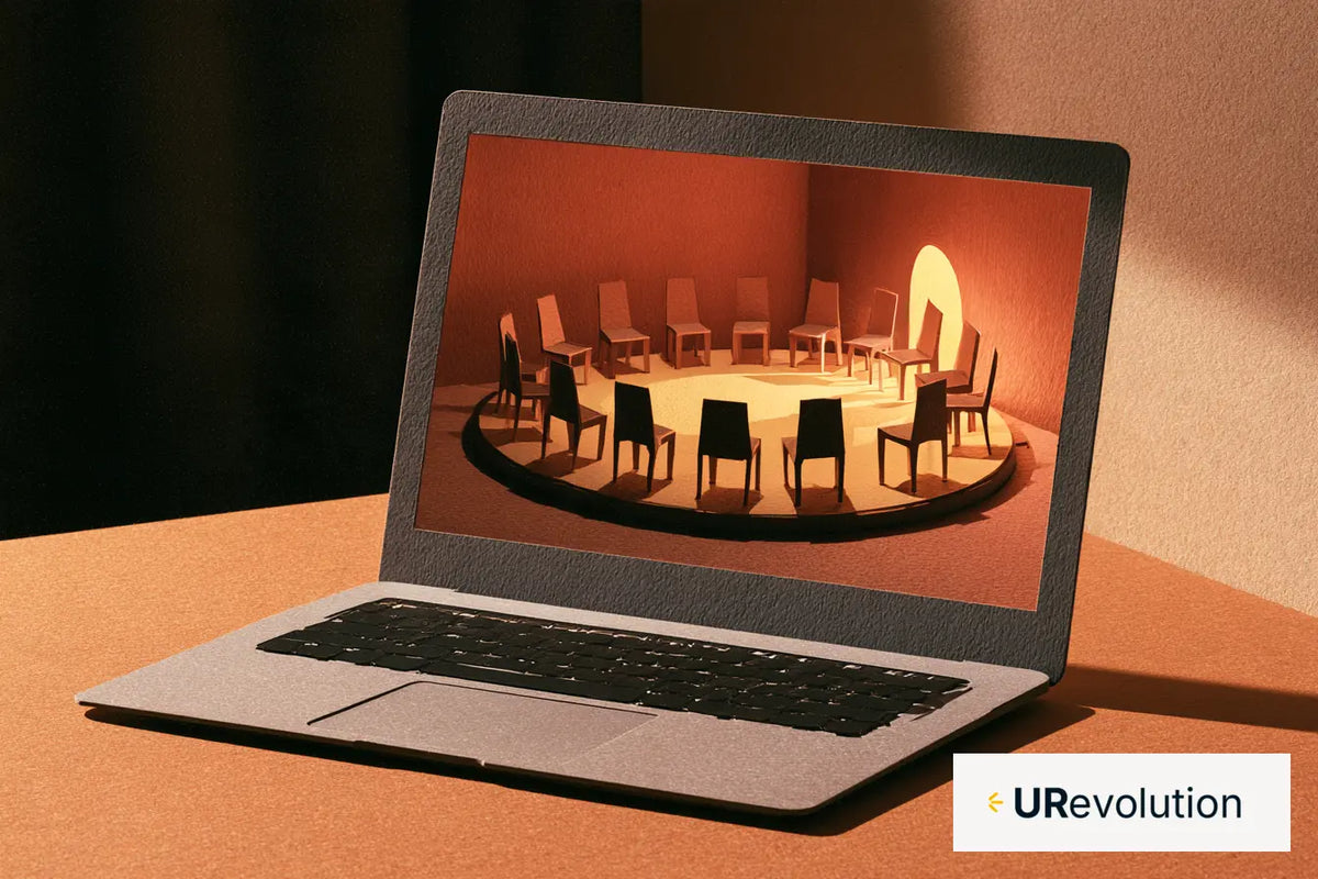 Paper-cut illustration of a laptop displaying a circle of empty chairs in a terracotta room.