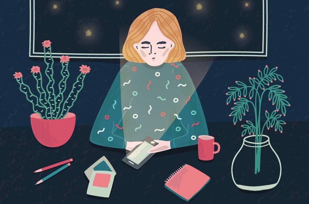 Photo for article: can we learn from pro-ana website forums? graphic illustration of person with shoulder length hair sitting at a desk at night. Their face is illuminated by their cell phone.