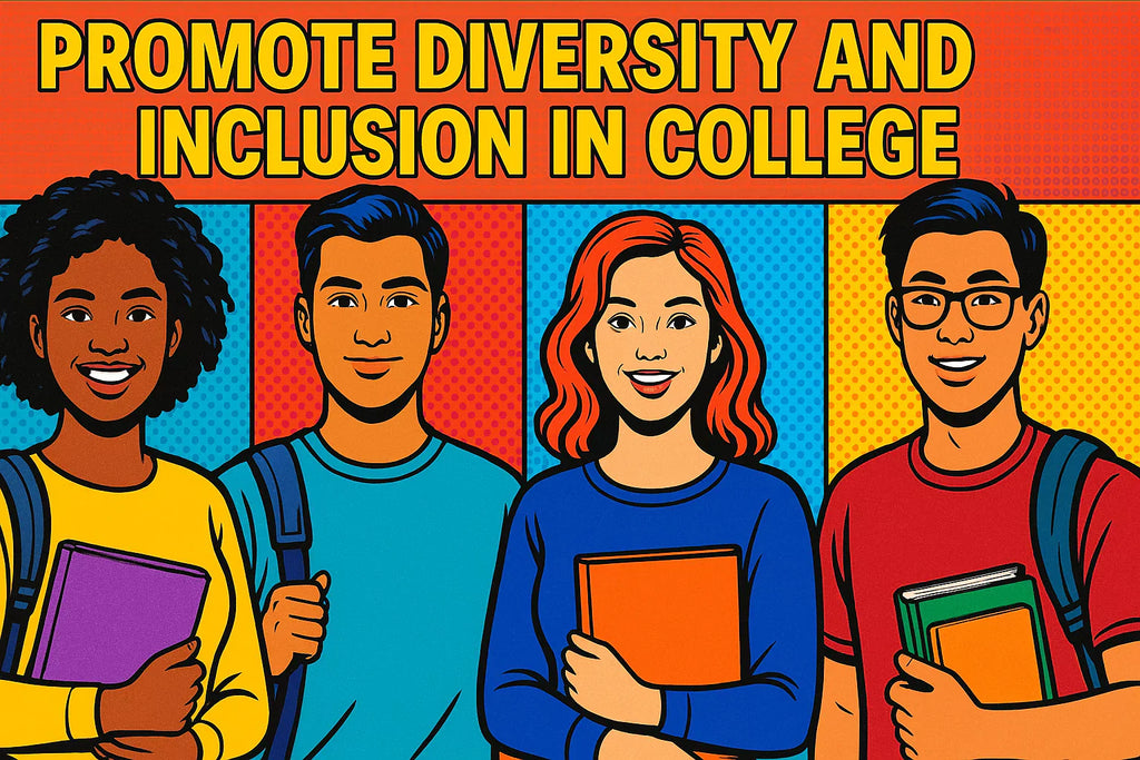 Pop art-style illustration of diverse college students promoting diversity and inclusion in higher education