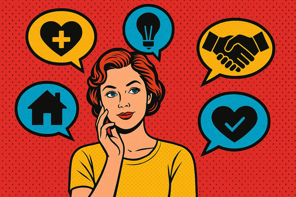 Pop art illustration of a confident woman surrounded by icons symbolizing protective factors in mental health, such as support, sleep, nutrition, and exercise.