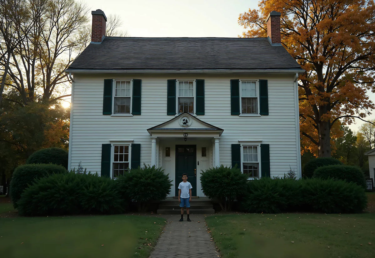 A young child stands in front of a quiet suburban house surrounded by autumn trees and deep shadows, symbolizing childhood trauma and suppressed PTSD memories.