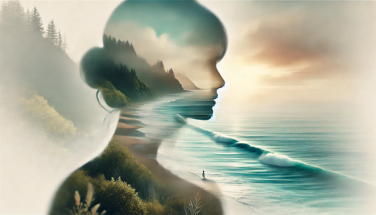 Artistic double-exposure image of a contemplative person's profile blended with calming nature elements—ocean waves, sky, and trees—symbolizing healing from PTSD after sexual abuse.