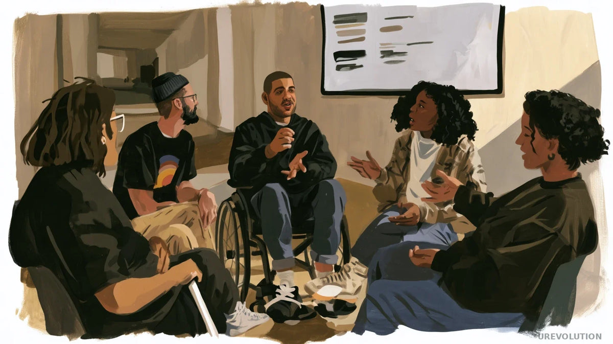 Disabled and nondisabled adults taking part in an accessible group discussion with live captions.