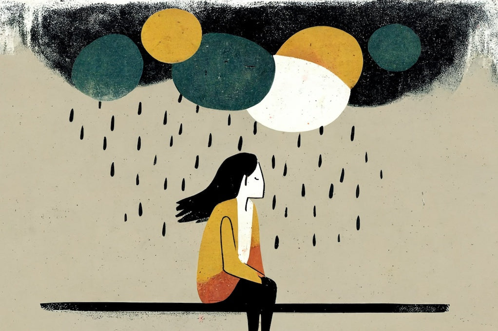 Quotes that describe what depression feels like: illustration of a woman sitting outside in the rain