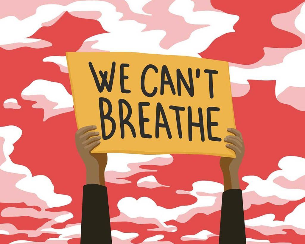 An illustration of how racism causes life-threatening conditions. Against a blood red sky, the arms of a black person hold up a sign the words, 