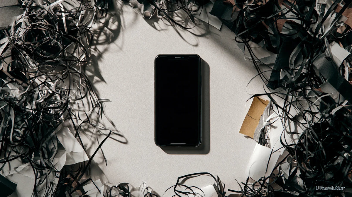 A dark smartphone surrounded by tangled strips of paper on a pale surface.