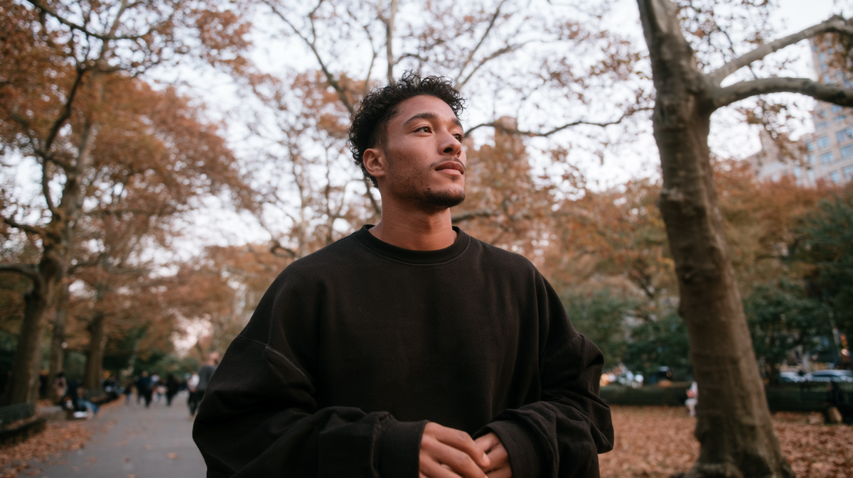 Young man standing in an autumn park beneath orange-brown trees.