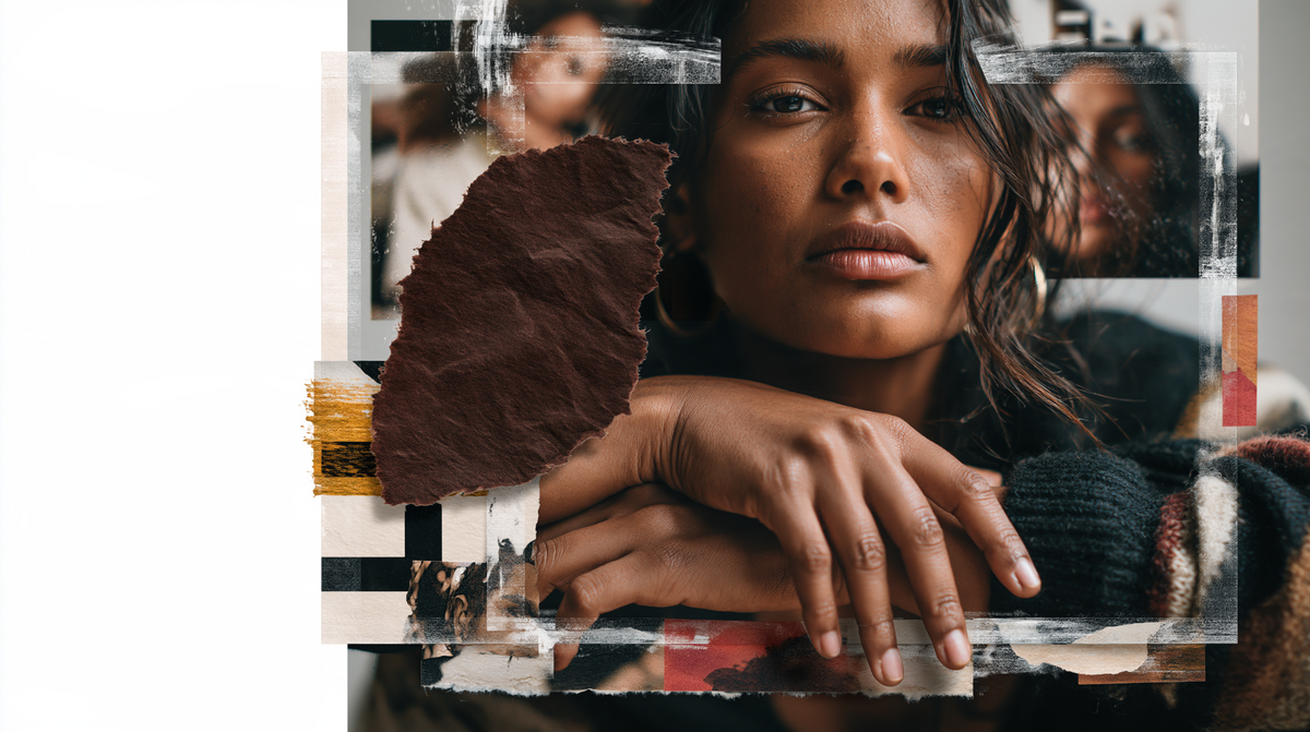 Editorial collage of a fictional woman with brown skin, layered paper frames and a torn brown paper shape.