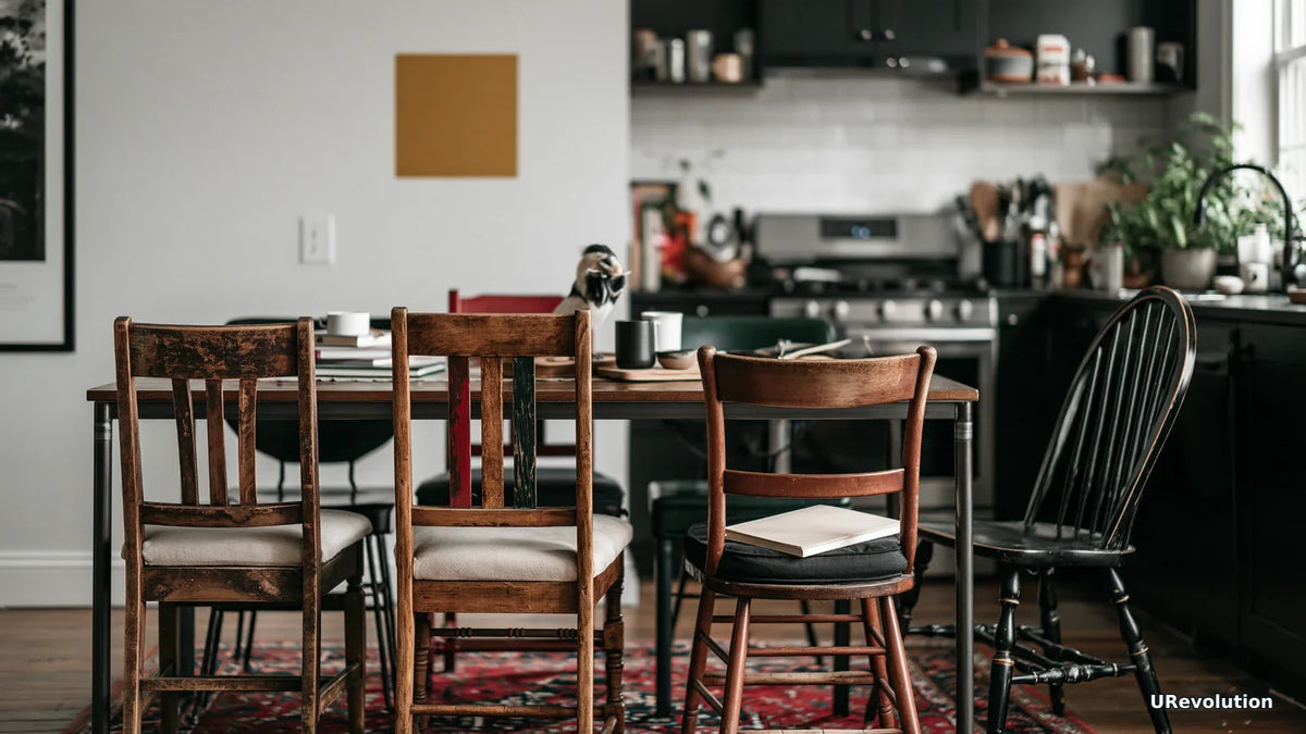 A closed book rests on a slightly separated chair beside three chairs gathered around a kitchen table.