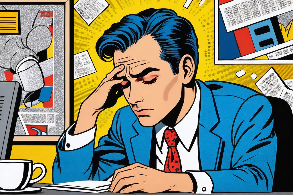 Pop art-style illustration of a tired office worker in a blue suit, rubbing his forehead in exhaustion at his desk. Papers fly around, emphasizing workplace stress.