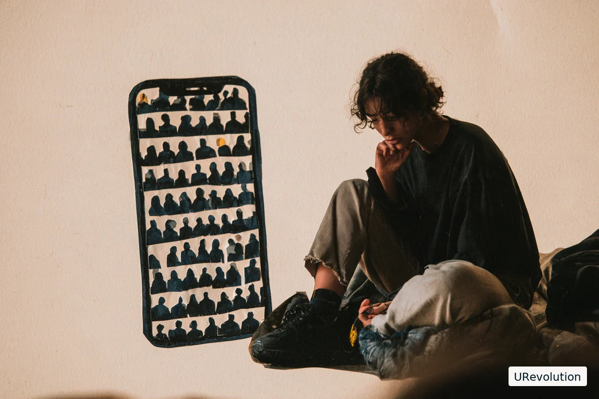 Collage of a seated person beside an oversized phone filled with rows of repeated human silhouettes.