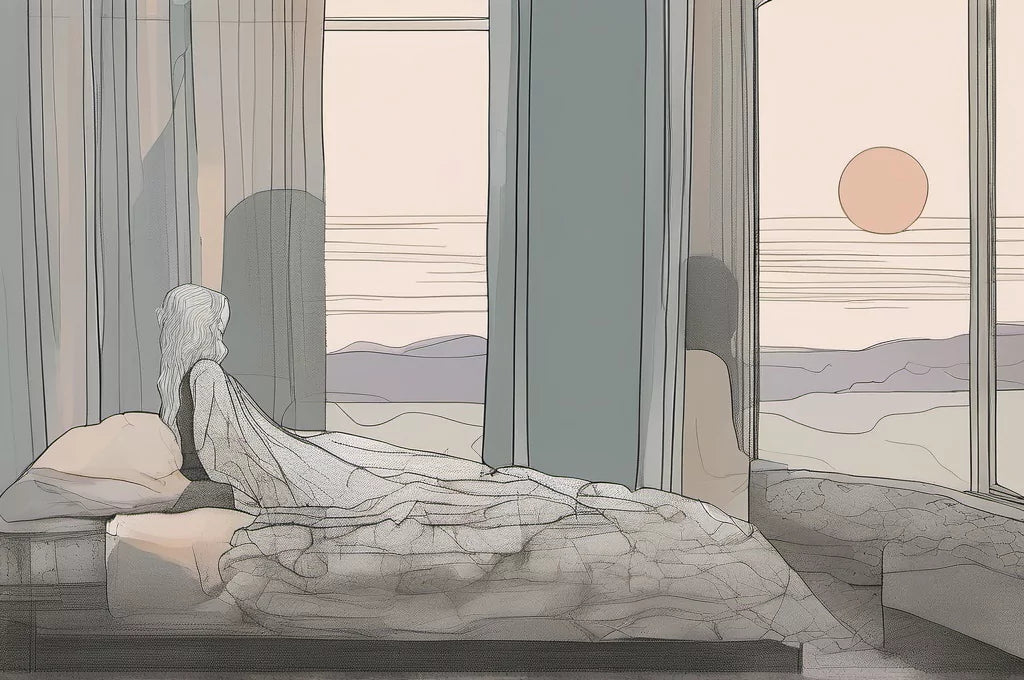 Illustration of a solitary woman sitting on a bed, gazing out a large window at sunrise, symbolizing introspection and emotional healing.