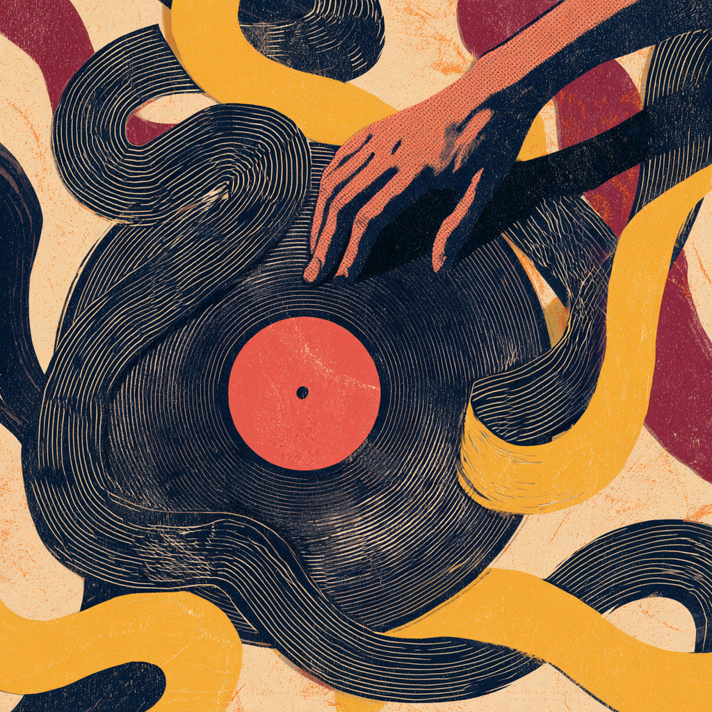 A hand reaches toward a vinyl record whose grooves flow into navy, yellow and burgundy ribbons.