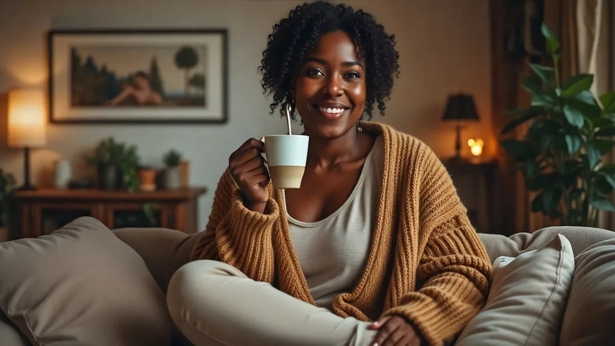 Illustration of a woman sitting on a sofa in a cardigan, holding a mug with a spoon.