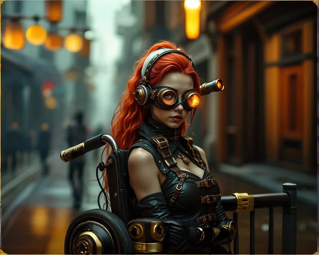 A stunning steampunk woman with long red hair in a wheelchair, wearing a leather corset and brass goggles, embodying retro-futuristic elegance in a Victorian cyberpunk city.