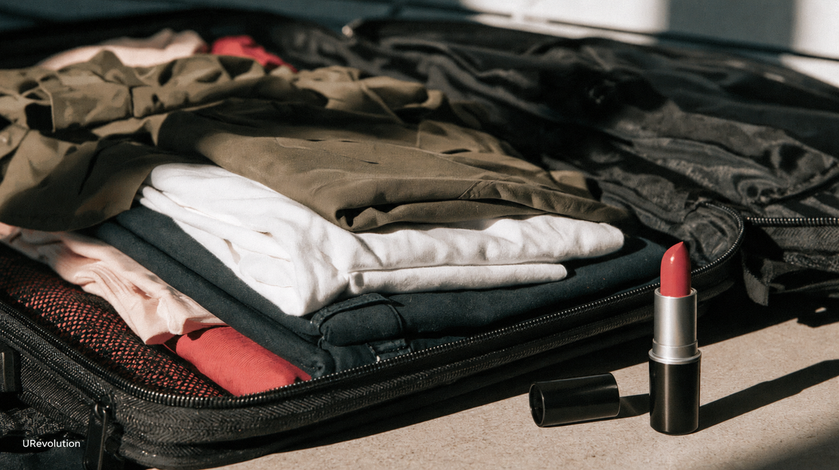 An open suitcase filled with folded clothes, with red lipstick and its black cap beside it.