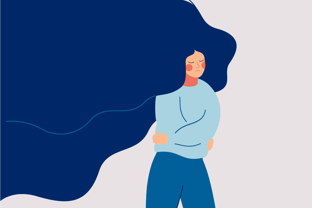 Illustration of a person sitting with their knees to their chest, expressing emotional overwhelm—symbolizing the internal experience of schizophrenia.