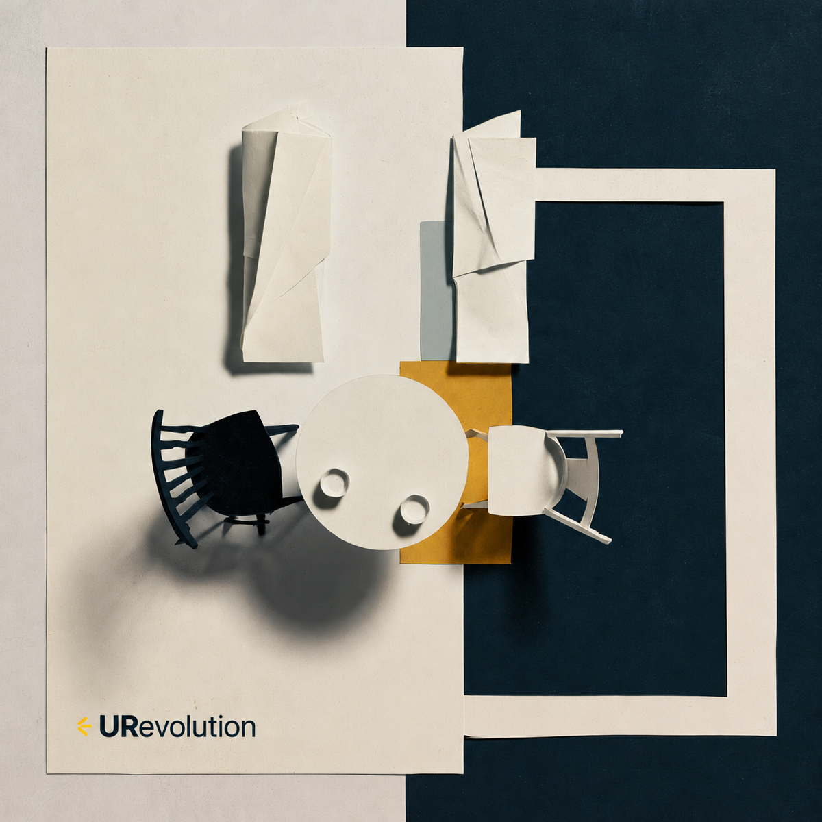 Overhead paper-cut illustration of two mismatched chairs beside a round table with two cups, surrounded by cream, navy and yellow shapes.