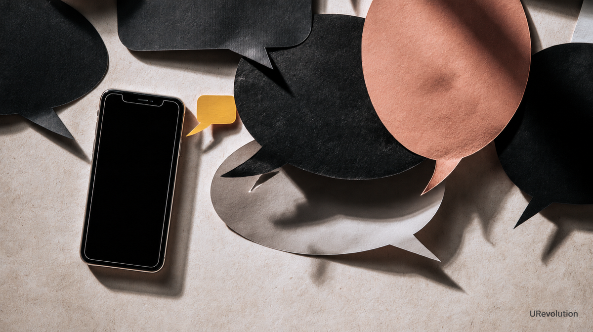 A small yellow paper speech bubble beside a smartphone is surrounded by much larger dark and peach speech bubbles.