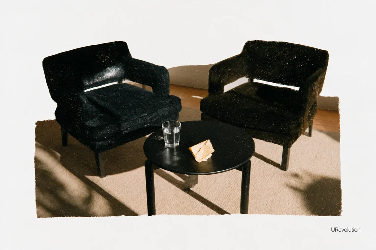 Two dark armchairs facing a round table with a glass of water and a tissue, framed by a white paper border.