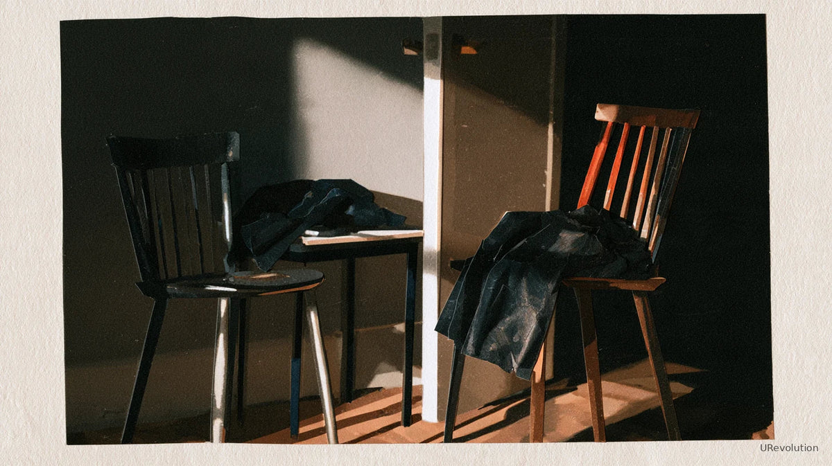 Two mismatched chairs beside a table and open doorway, with dark fabric draped over one chair.