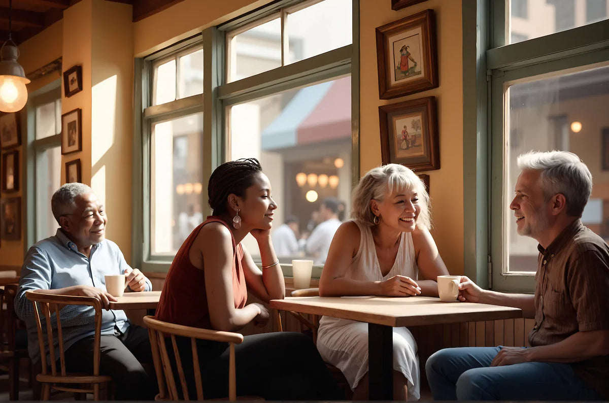Three people engaged in a thoughtful conversation at a cozy cafe. Their expressions show attentiveness and connection, emphasizing open communication and trust. Generated with OpenArt AI.