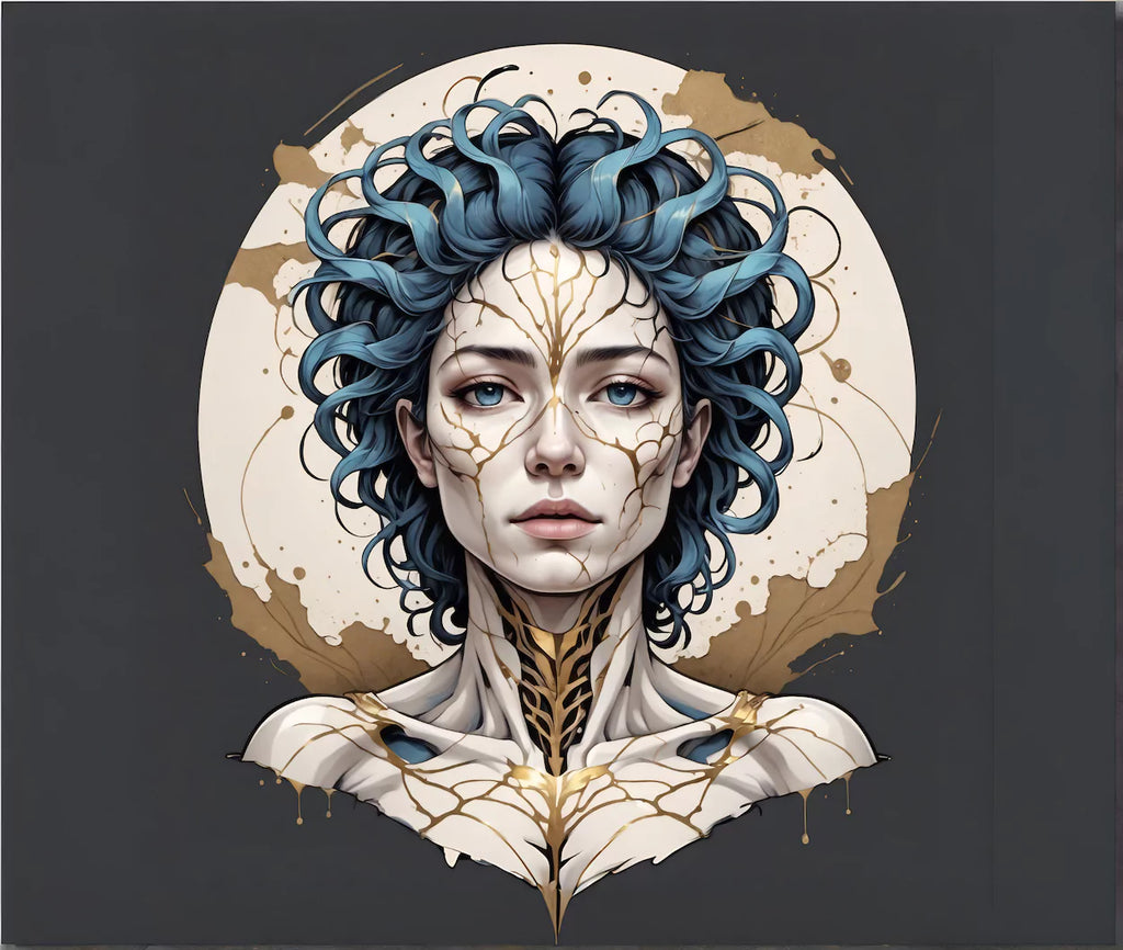 Kintsugi-style portrait of a woman with golden cracks, symbolizing trauma, identity change, and healing through resilience.