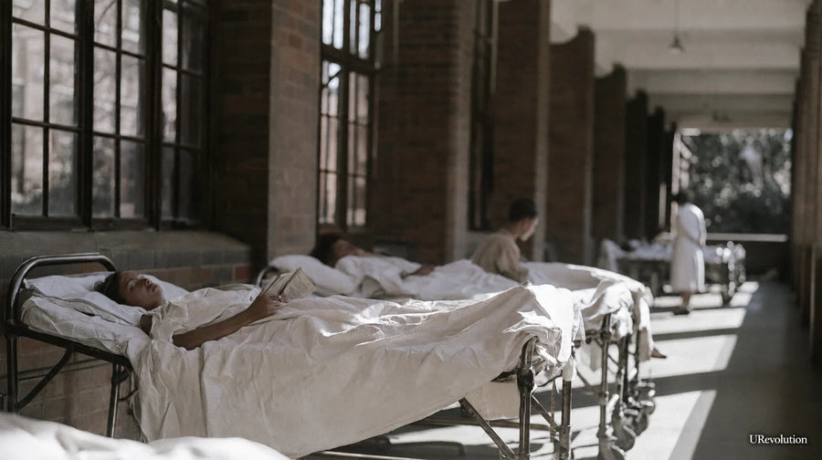 Illustration of children resting in beds on a sunlit hospital veranda, with a child reading in the foreground.