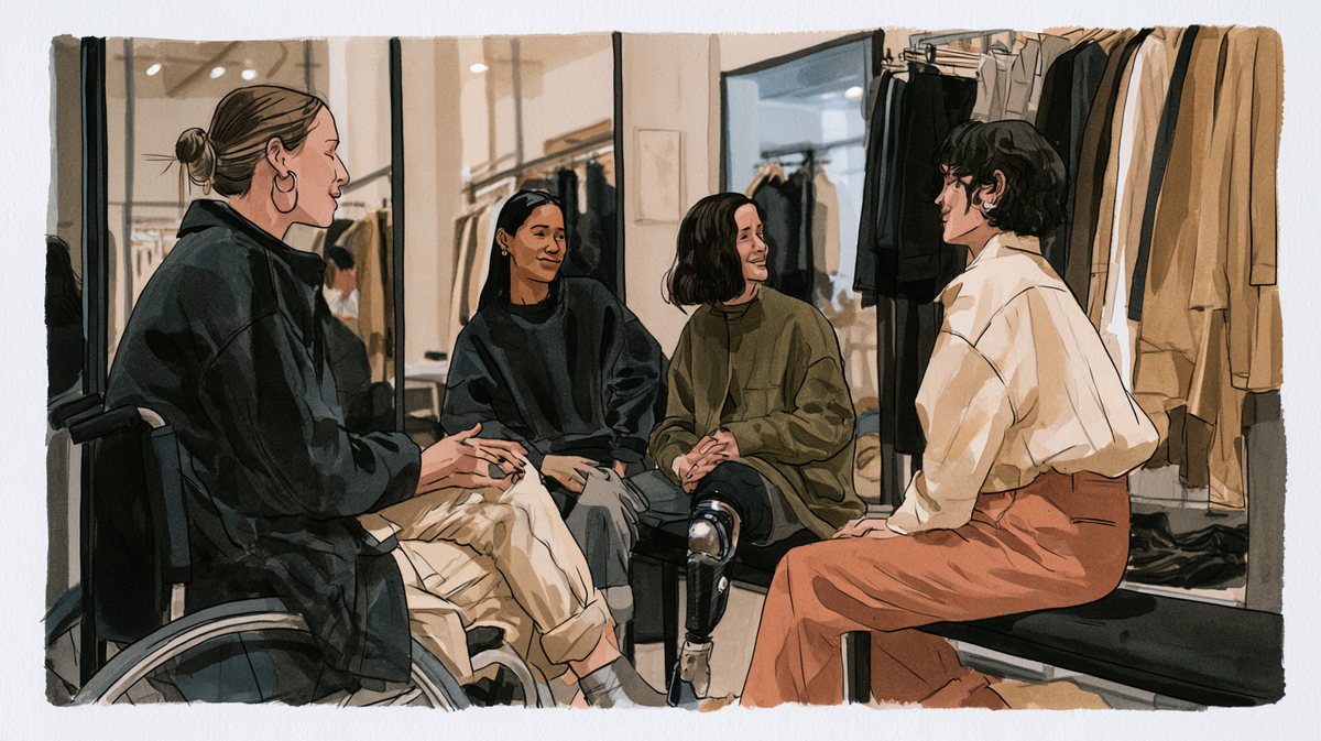 Four disabled adults talking in a clothing store, including a wheelchair user and a person with a lower-limb prosthesis.