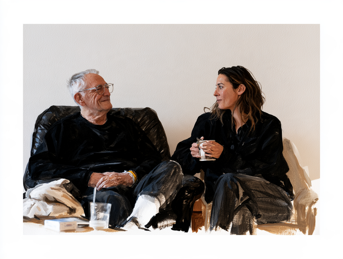 Older man and adult relative sitting together in a quiet living room.