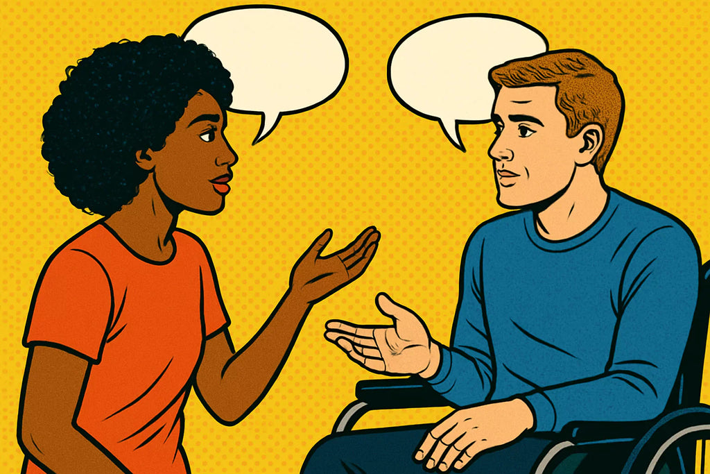 Pop art illustration of a Black woman and a white man in a wheelchair having an uncomfortable conversation that creates a healthy relationship.