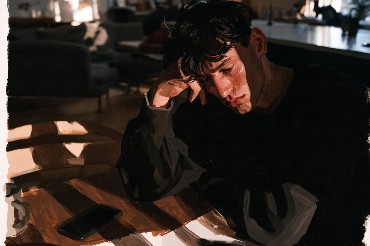 Man sitting alone at a kitchen table beside a phone, appearing tired and reflective.