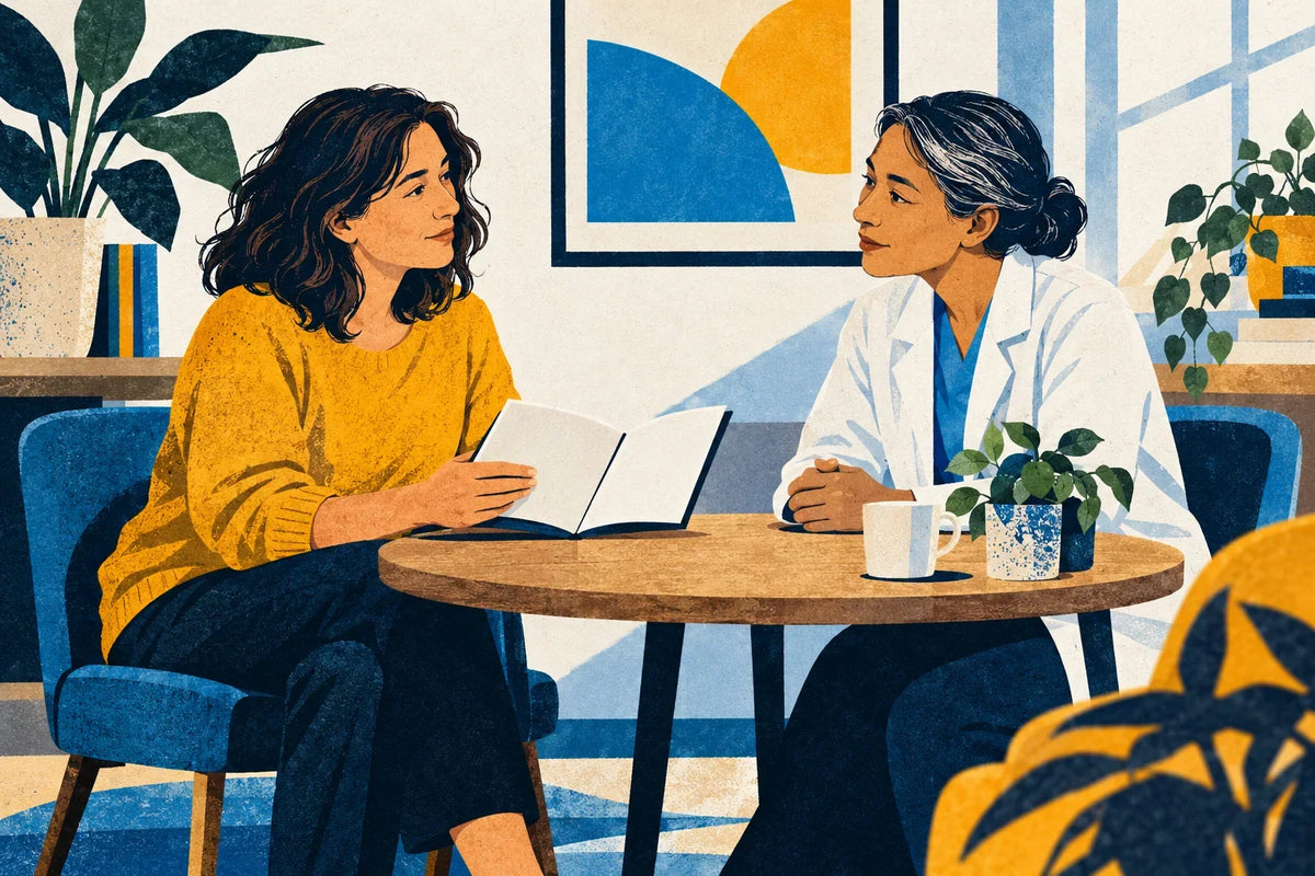 A patient and clinician sitting at the same level, talking over an open notebook.