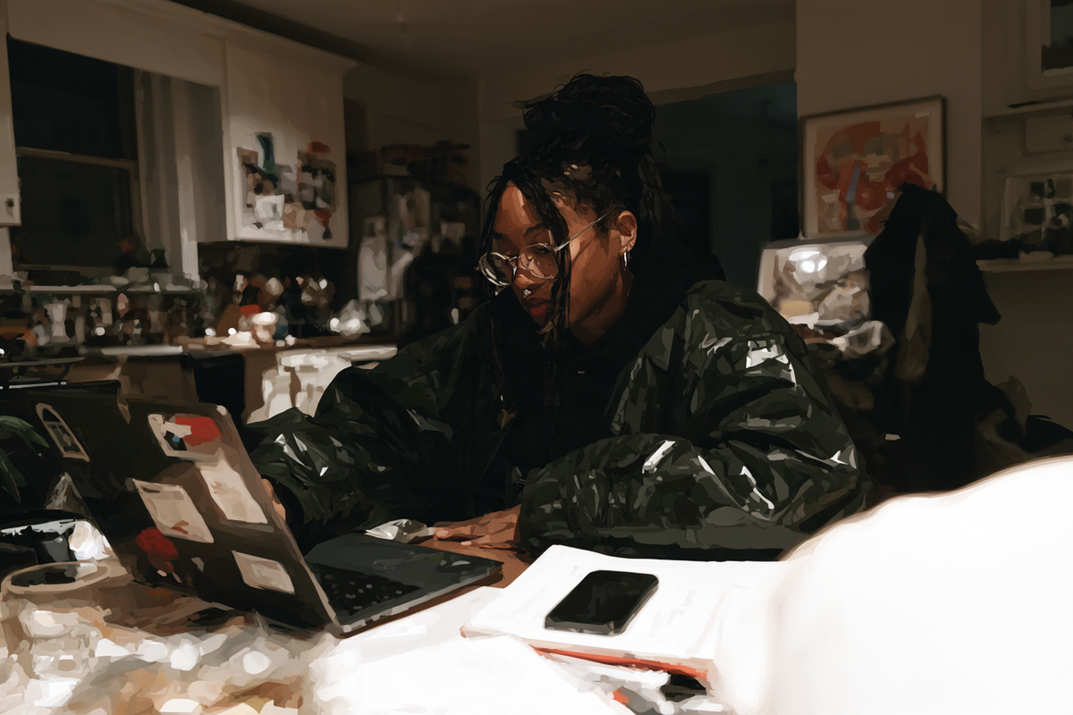 Editorial illustration of a woman working on a laptop at a kitchen table at home.