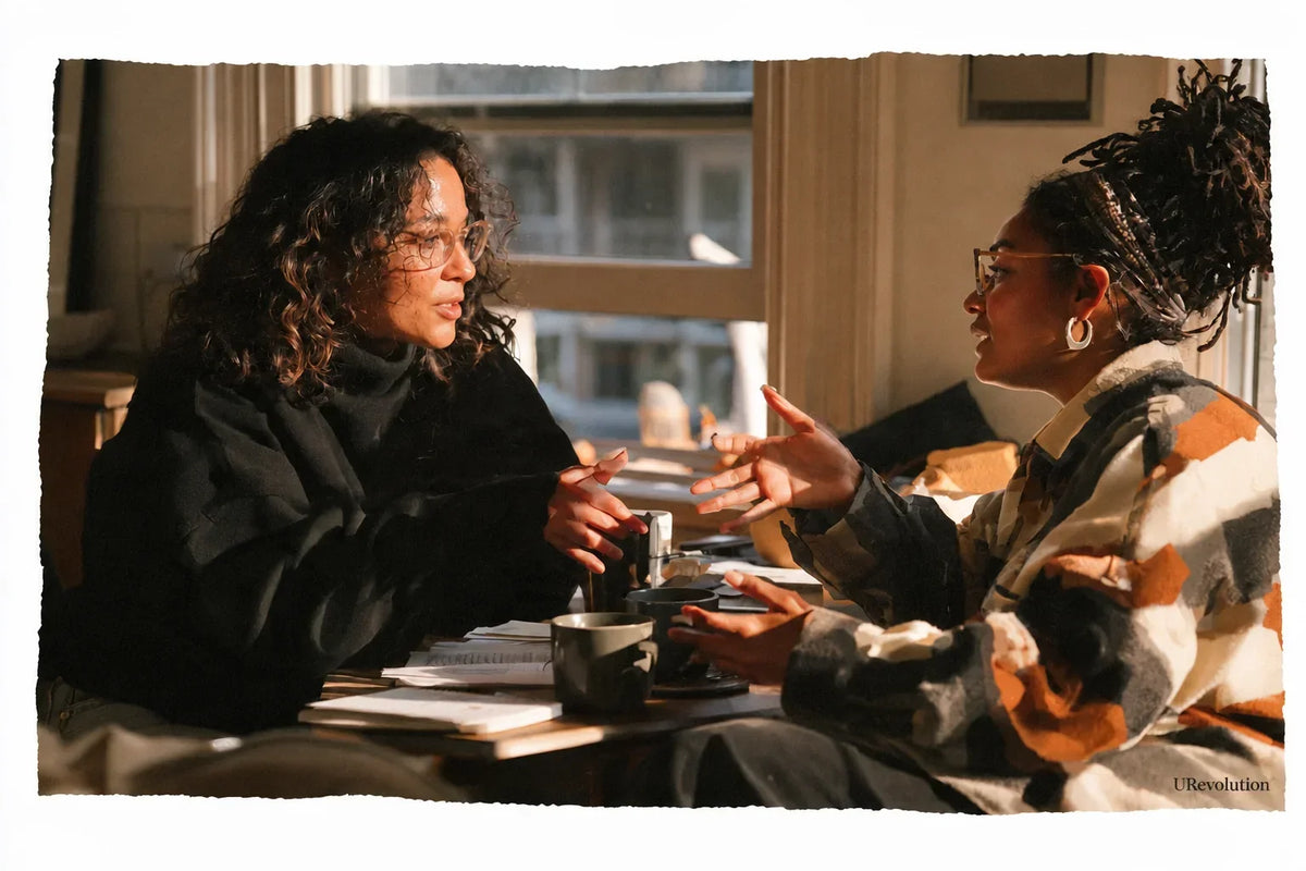 Illustration of two people talking and listening to each other across a table.
