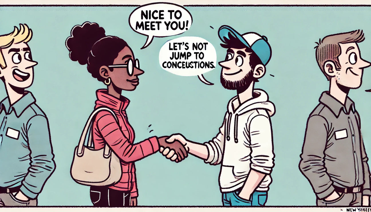 A comic-style illustration of two diverse people shaking hands. One person looks unsure and says, 'Nice to meet you!' while the other smirks and responds, 'Let's not jump to conclusions.' The scene is witty, fun, and lighthearted, inspired by The New York
