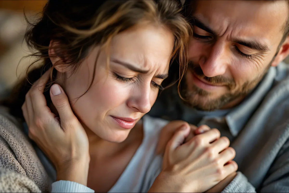 AI-generated scene of two adults sitting close together, eyes lowered and hands clasped.
