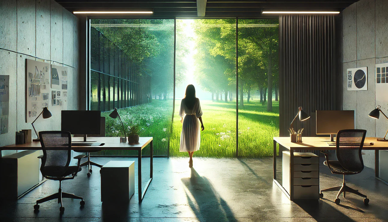 Photorealistic image of a woman walking away from a dark office into a bright green park, symbolizing relief from anxiety about going to work everyday.