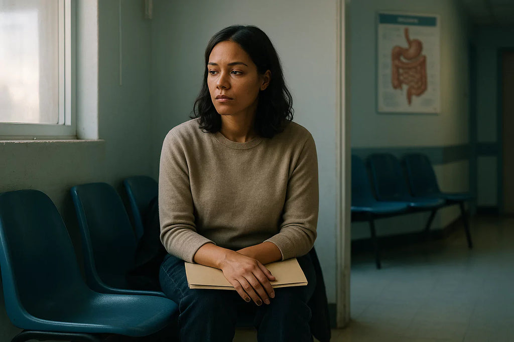 A woman with an invisible illness waits alone in a medical clinic, reflecting the emotional burden of living with undiagnosed chronic illness.