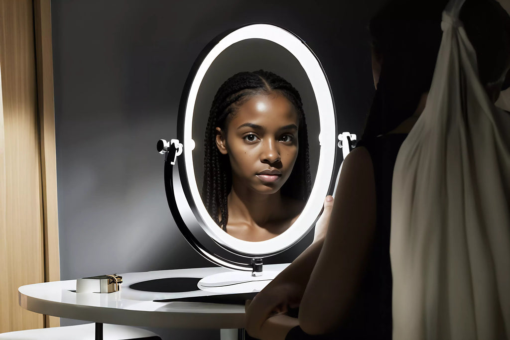 A young woman with braided hair looks at her reflection in a round, illuminated mirror, conveying introspection and hidden identity