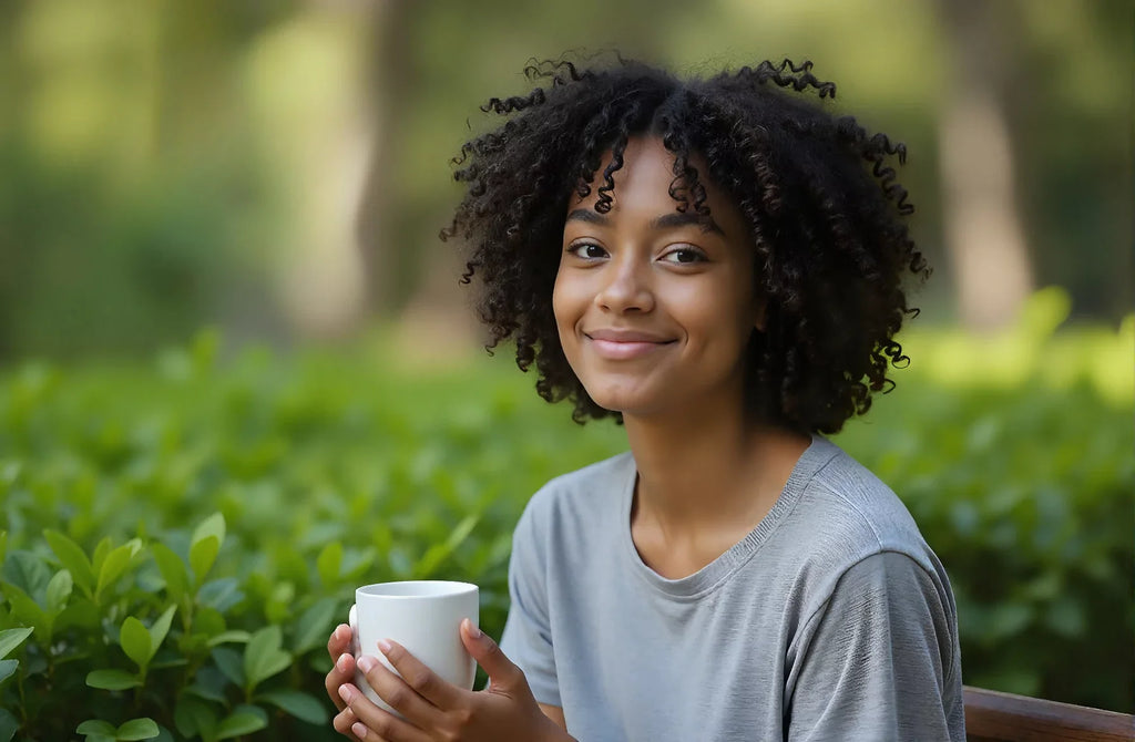 Biracial woman sitting in a park with a coffee cup, reflecting on how to respond to are you okay