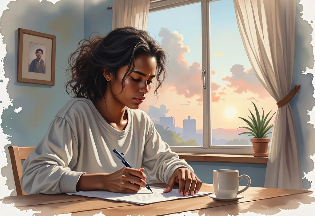 Black woman writing a heartfelt letter to her late father at sunset by a window.